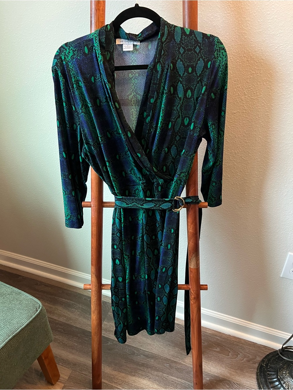 Liz Claiborne Emerald and Black Faux-Snake Wrap Dress with Belt